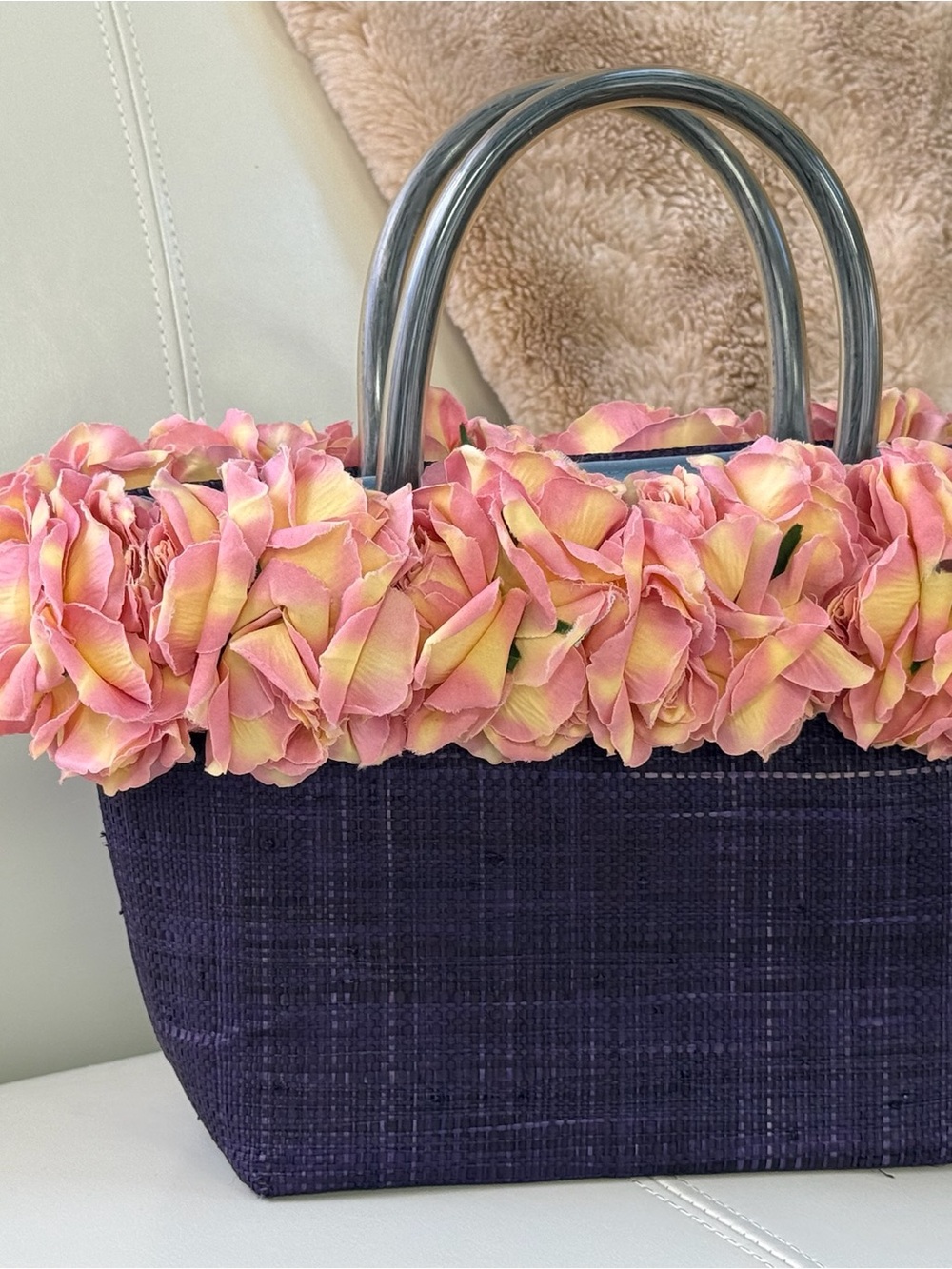 Purple Woven Straw Bag With Pink Rose Trim
